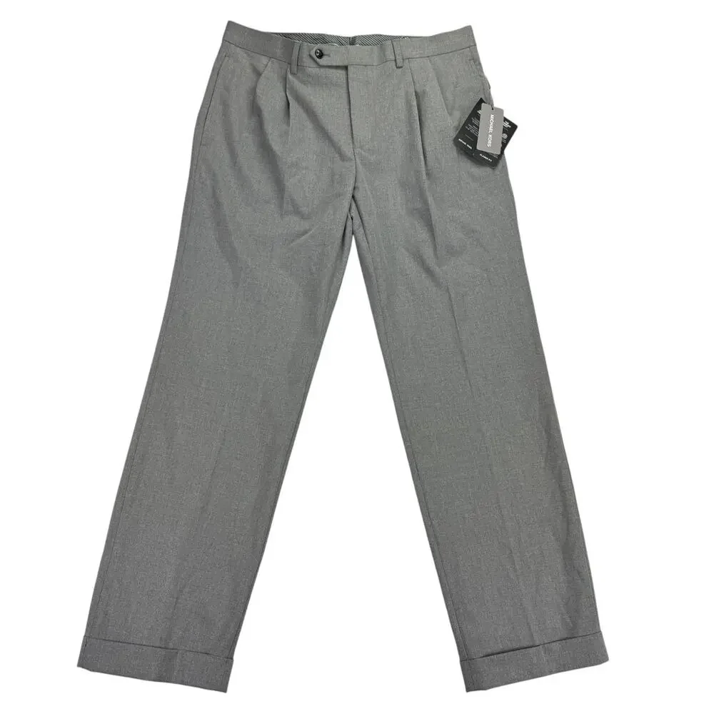 Michael Kors Mens Pleated Cuffed Solid Classic Fit Stretch Pants Gray 33x30